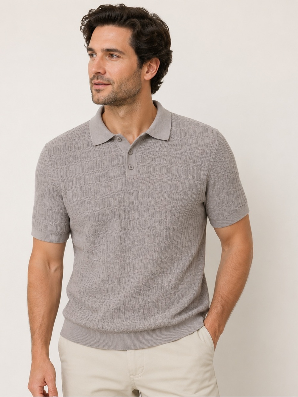 Vustra Stone Luxe Knit Polo Men’s XL 100% Cotton Luxury Textured Gray Shirt